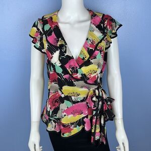 Nanette Lenore 6 Silk Floral Print Ruffle V-Neck Wrap Blouse Top